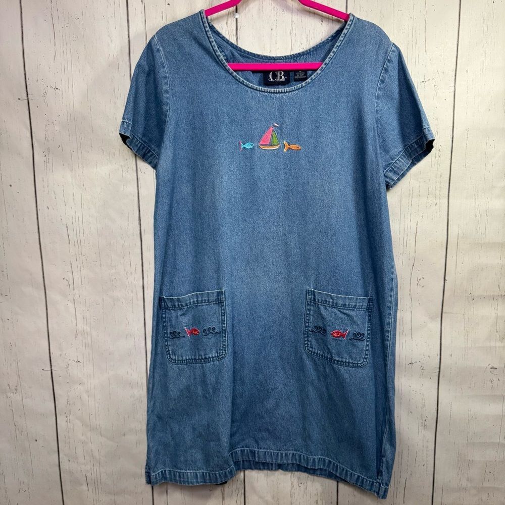 Vintage CB Casual Chambray Denim Nautical Fish Sailboat Dress M Coastal Grandma